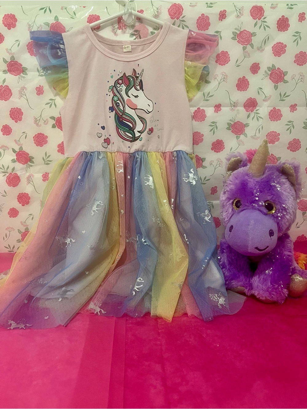 Unicorn Rainbow Tulle Dress - Pink & Multicolor
